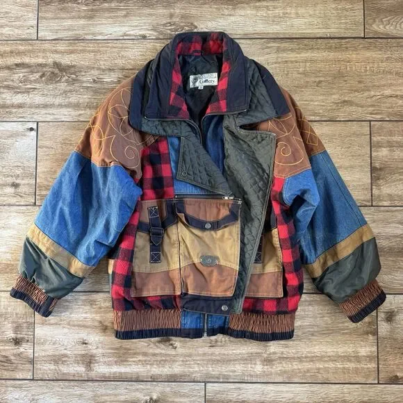 Patchwork Jacket XS Plaid Denim Pockets Cowboy Western Vintage - Picture 2 of 15